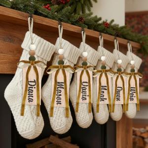 AceOrbit 12 Pcs Christmas Stocking Name Tags with Velvet Bow Velvet Beads DIY Personalized Blank Wood Tags Xmas Stocking Hanging Tag for Christmas Tree Home Farmhouse Decor Gift(Mixed Color)