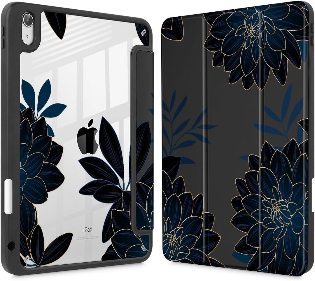 Case for iPad 11 inch A16 2025 Generation 11th / iPad 10.9 inch 2022 10th Gen, Buit in Pencil Holder with Shockproof Cover Clear Transparent Back Shell Auto Wake/Sleep, Flower Dahlia