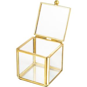Feyarl Small Glass Jewelry Trinket Box Ornate Rings Earrings Display Shadow Box Treasure Chest Organizer Decorative Keepsake Case with Lid for Wedding Birthday Gift (Gold)