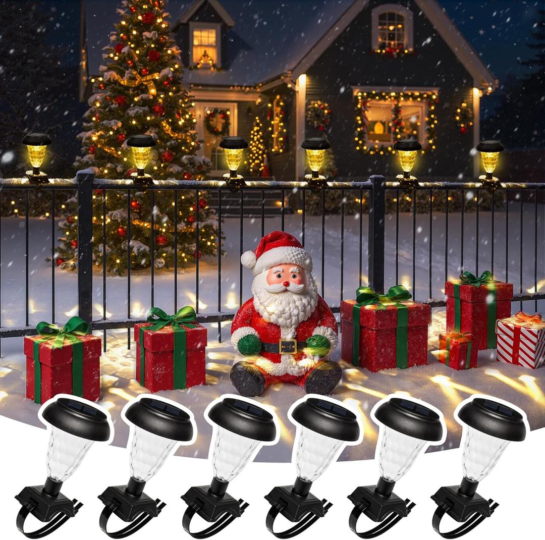 Solar Christmas Fence Lights Outdoor Decor, Waterproof Patio Lights with Warm White Color for Holiday & Halloween Decor, for Fence, Trampoline, Stairs, Yard, Pathway, 6 Pack