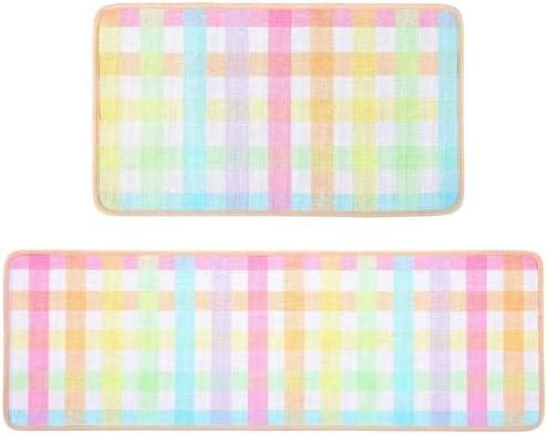 Tinideya Easter Kitchen Mats Set of 2, Pastel Plaid Kitchen Rugs 47 x 16+ 28 x 16 Colorful Sink Mats Decor Easter Holiday Non Slip Rugs for Indoor Floor Bathroom Doormat Living Room Doorway