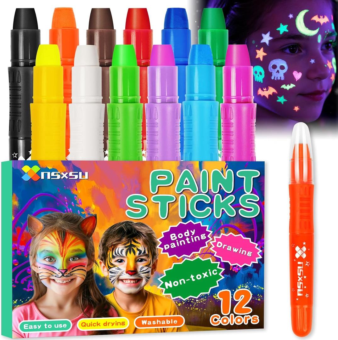 nsxsu Halloween Face Paint Sticks Kit for Kids 12 Colors, Washable Face Painting Crayons for Children, Birthday Makeup Party Supplies, Mess-Free Girls Boys Face Painting Pens Stocking Stuffers (6 UV Colors + 6 Classic Colors)