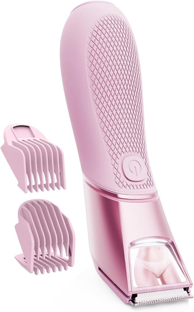 Bikini Trimmer for Women with Mirror & LED Light, Pubic Hair Razor with Travel Lock & Ceramic Blades - Body Groomer IPX7 Waterproof Use - Pastel Red