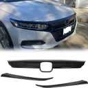 ECOTRIC Front Grille & Eyelid Cover Set Compatible With 2018-2020 Honda 10th Accord Sedan 4DR ABS Glossy Black Lip Bumper Upper Grill Molding Trim 3PCS