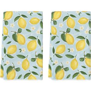 Artoid Mode Blue Lemon Flower Floral Summer Kitchen Towels Dish Towels, 18x26 Inch Seasonal Spring Decoration Hand Towels Set of 2