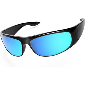 WISTON Wrap Around Sunglasses for Men Women Super Dark Blackout Sunglasses for Sensitive Eyes UV400 Protection W8005 (Glossy Frame/Blue Lens- Non Polarized)