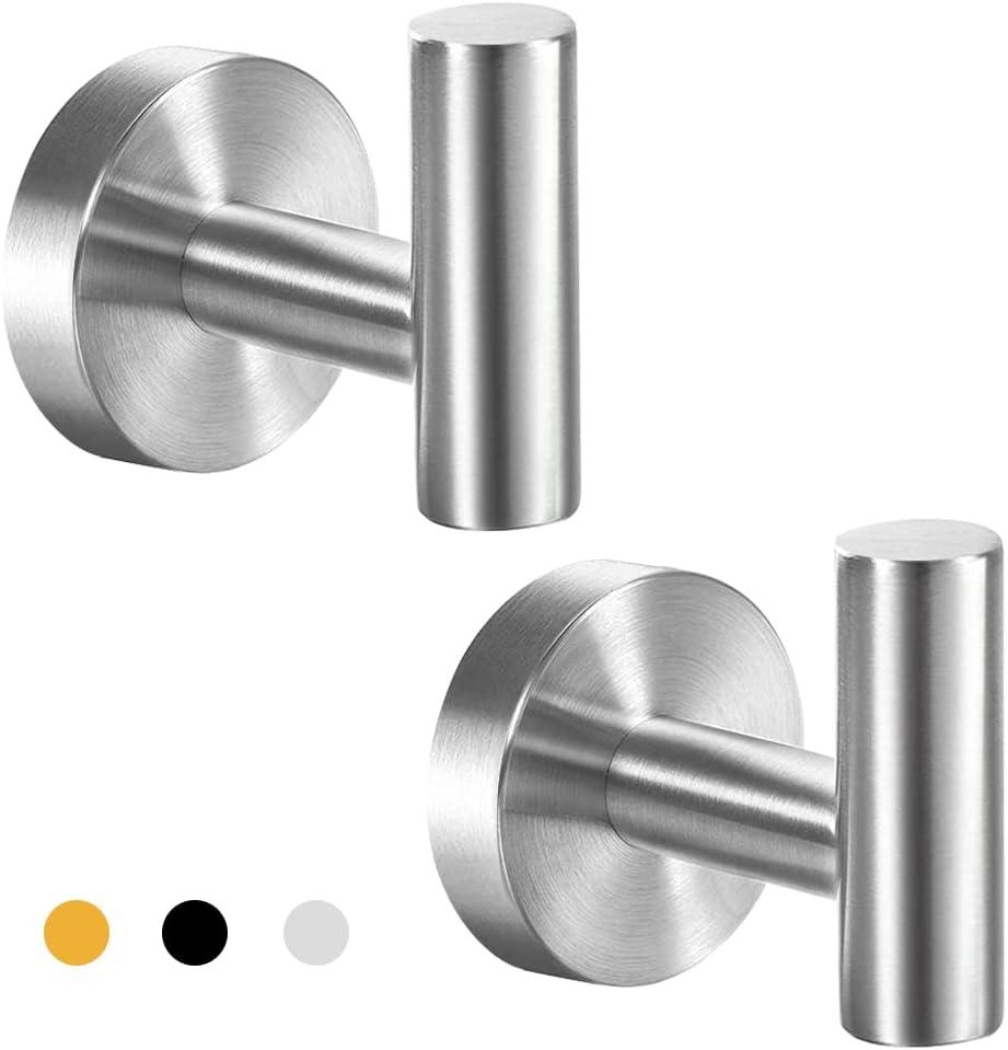 Vuzvuv 2-Pack Silver Brushed Nickel Towel Hooks, SUS304 Stainless Steel Waterproof Coat Robe Holder, Heavy Duty Wall-Mounted Hooks for Bathroom, Kitchen, Hotel (Drilling)