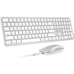 SABLUTE Bluetooth Keyboard and Mouse for Mac, KMA2 Rechargeable Full Size Wireless Combo, Quiet Scissor Keys, 3 Multi-Device Connection, Metallic Texture, Compatible for Mac, MacBook, Silver White