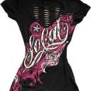 Emo Grunge Top Short Sleeve Y2k Shirts Vintage Streetwear Tops Women 2000s Fashion (Medium, Black Hot Pink)