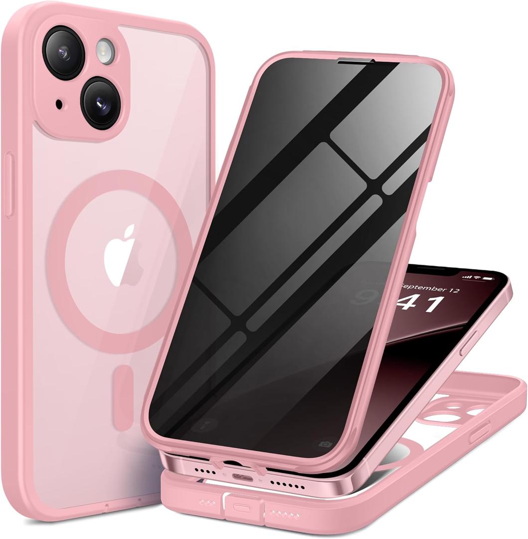 BERFY for iPhone 13 Case, Compatible with MagSafe, Built-in Privacy Screen Protector and Camera Protection, Anti-Spy Full Body Shockproof Clear Phone Case for 13 6.1", Pink