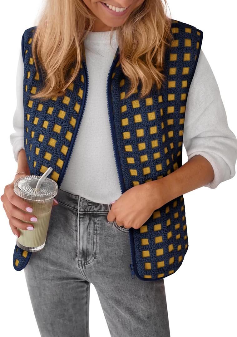 Womens Sherpa Vest Sleeveless Plaid Zip Up High Neck Warm Fleece Gilet Outerwear Crop Jackets with Pockets (XL)