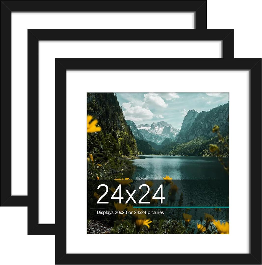 Picrit 24x24 Picture Frame 3 Pack, Black Poster Frame, Display Poster 20 x 20 with Mat or 24 x 24 without Mat for Horizontal or Vertical Wall Mounting