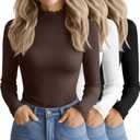 3 Pack Women's Cotton Long Sleeve Mock Turtleneck Tops Ribbed Lettuce Trim Slim Fit Shirts Thermal Base Layer (Large, Black, White, Brown)