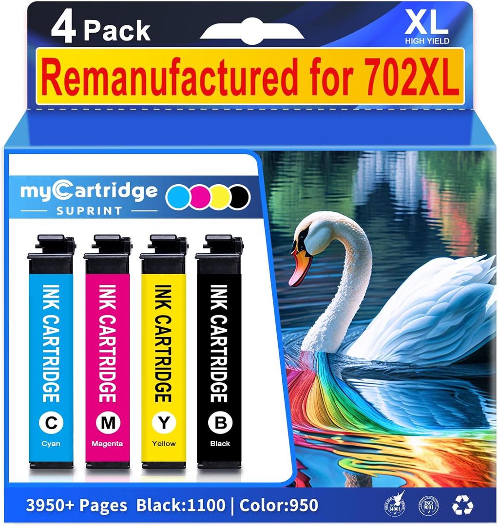 myCartridge SUPRINT 702 Ink Cartridges Remanufactured High Yield Replacement for 702XL Ink Cartridges Combo Pack 702 XL T702XL use with Workforce Pro WF-3720 WF-3730 WF-3733 Printer (4 Pack)