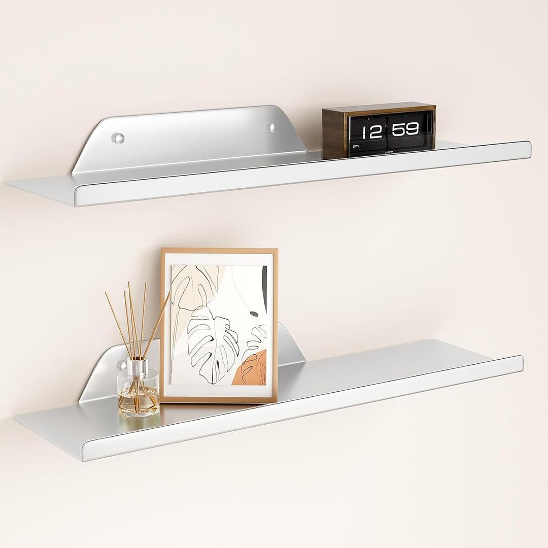 Floating Shelves for Wall, Off Center Metal Shelves for Living Room, Silver Floating Shelves for Wall Decor, 16 Hanging Shelves for Bedroom Bathroom Kitchen Plants(2 PCS)