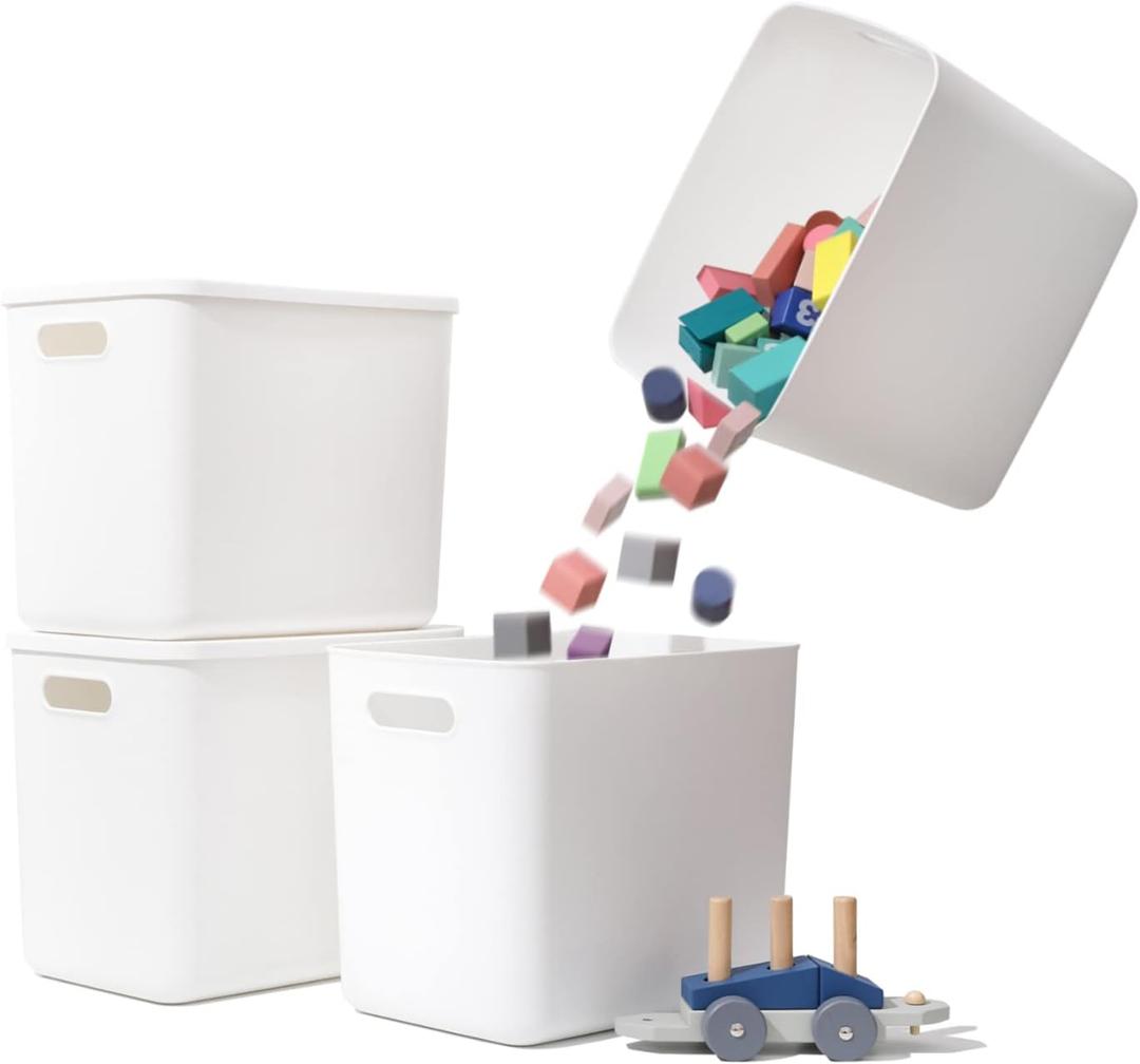 Yishyfier Plastic Storage Baskets Bins Boxes With Lids,Organizing Container White Storage Organizer Bins For Shelves Drawers Desktop Playroom Classroom Office,4-Pack