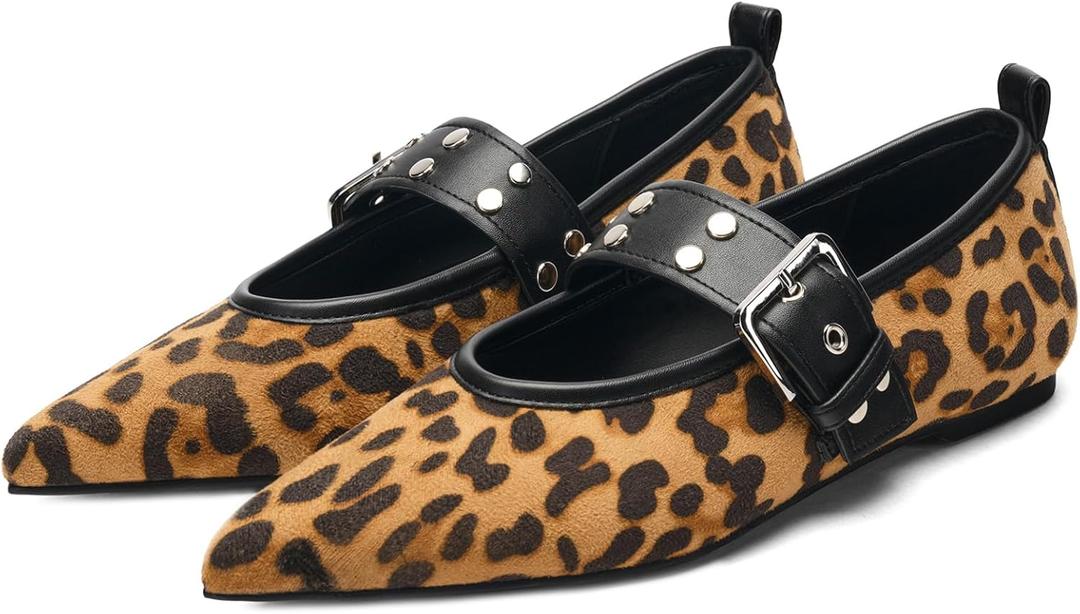 Studs Buckle Strap Ballet Flats Shoes for Women Pointed Toe Ballerina Shoes Mary Jane Flats Comfortable Casual Date Work Driving Dress Shoes (7, Leopard)