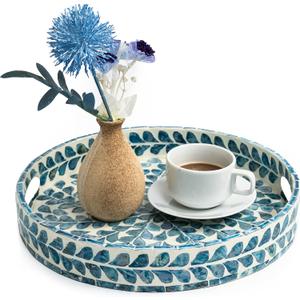 CLAYNIX Serving Tray 12.5 Inch, Lacquer Mother of Pearl Inlay Mosaic Tray, Round Wooden Marble Tray with Handles Trays for Tea, Breakfast (Leaf Style) CLAYNIX Serving Tray 12.5 Inch, Lacquer Mother of Pearl Inlay Mosaic Tray, Round Wooden Marble Tray with Handles Trays for Tea, Breakfast (Leaf Style)
