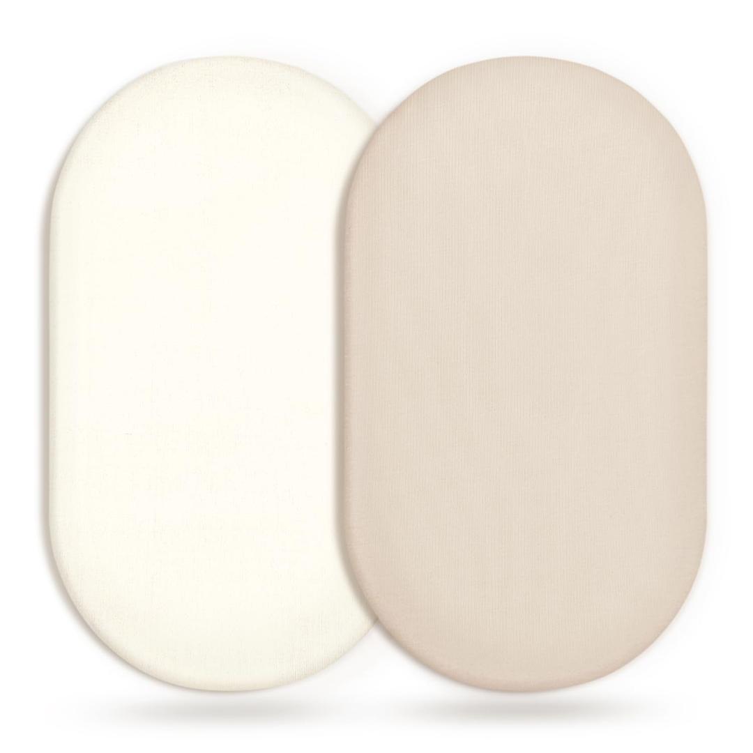 GRSSDER Stretchy Ultra Soft Fitted Bassinet Sheet 2 Pack, Universal Fit for Bassinets Baby Cradle Moses Basket Oval Rectangle Mattress Safe and Snug, Jersey Bassinet Sheets for Girls, Cream/Beige
