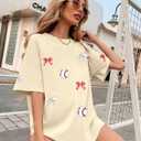 Baseball Shirts Women Baseball Bow Oversized Graphic Tshirt Game Day Gift Baseball Mom Casual Tee Tops (Medium, Apricot)