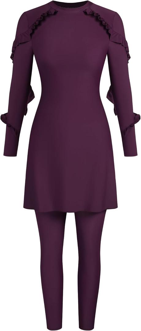 ZAFUL Women Modest Muslim Swimsuits Ruffle Full Coverage Islamic Arabic Burkini 2 Pieces Bathing Suit (X-Large, 0-purple)