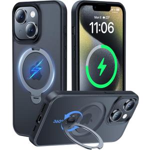 2024 New Upgrade 360 Spin Titanium Magnetic Stand for iPhone 15 Case [16FT Military Grade Shockproof] [Fit for MagSafe] Matte Translucent Slim Kickstand iPhone 15 Phone Cover 6.1'', Black