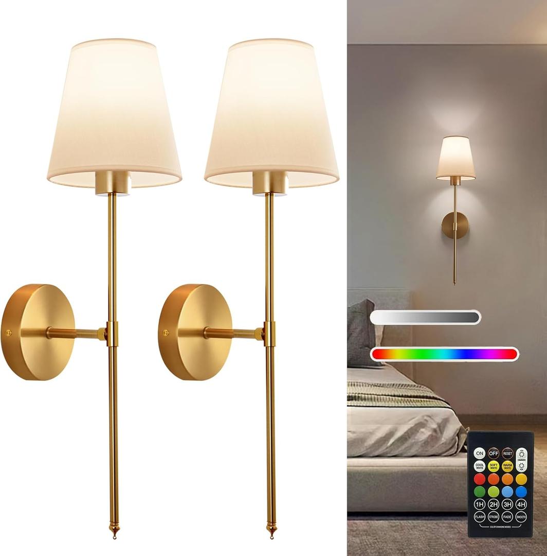 Battery Operated Wall Sconce Set of 2, Gold Rechargeable Wireless Wall Lights with Remote - Dimmable RGB LED Bulbs, 13 Color Options, Cordless Wall Lamps for Bedroom, Living Room, Hallway Decor