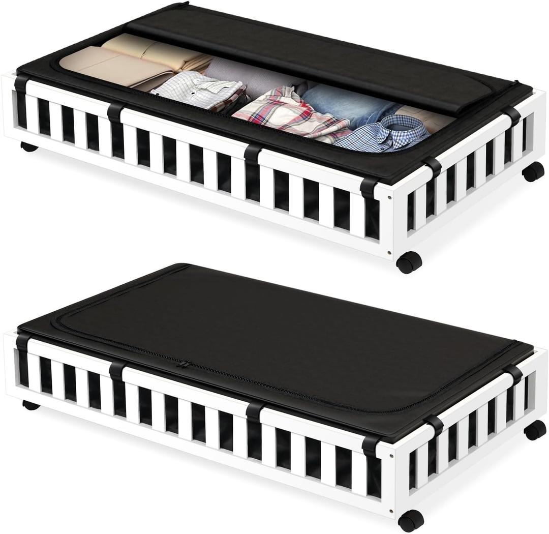 2 Pack Bamboo Under Bed Storage with Wheels, 39x20x7.8 Lager Under Bed Storage Containers (White)