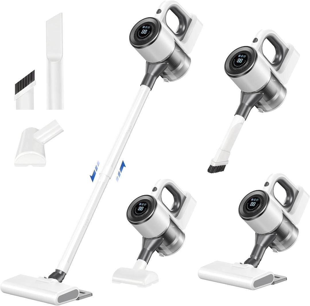 Cordless Vacuum Cleaner for Home, Powerful Stick Vacuum Cleaner with LED Screen and 3-Speed Suction, Rechargeable Vacuum Cordless, Lightweight Handheld Vacuum for Hard Floors Carpets Pet Hair, White