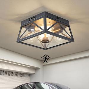 Adjustable Outdoor Motion Sensor Ceiling Light,10" Modern Industrial Design of Squares Flush Mount 2-Light with Clear Glass for Your Porch,Garage,Patio,Hallway,Entryway (Textured Black)
