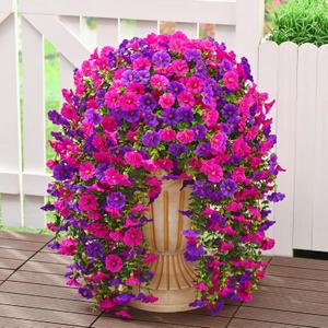 Dolicer 4 Packs Look Real Artificial Flowers for Outdoors, Fake Artificial Hanging Flowers for Outdoors Realistic UV Resistant Hanging Flowers Silk Petunia Faux Flowers for Porch Patio(Purple+Fuchsia)