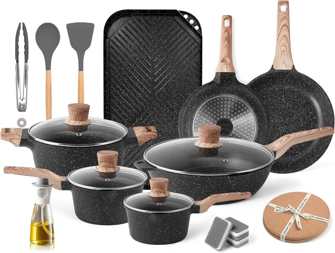 Caannasweis Granite Pots and Pans, Nonstick Cookware Set (Classic Black, 20 Piece Grill Griddle Set) Caannasweis Granite Pots and Pans, Nonstick Cookware Set (Classic Black, 20 Piece Grill Griddle Set)