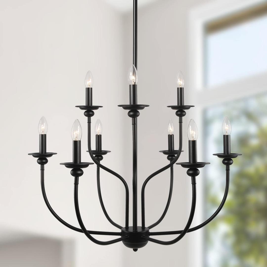 Black Farmhouse Chandelier, 2-Tier 9-Light Candle French Country Chandelier Light Fixture for Dining Room, Living Room, Foyer, Bedroom
