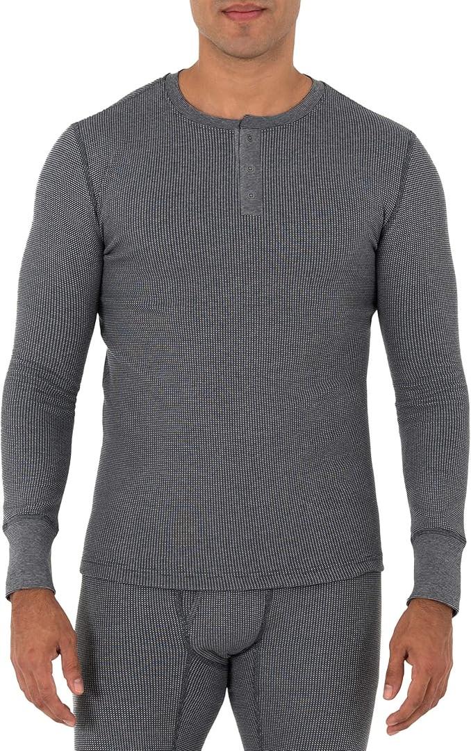 Fruit of the Loom Men's Recycled Waffle Thermal Underwear Henley Top (1 and 2 Packs), Greystone Heather, Medium