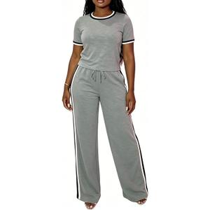 Ulovmi Women's 2 Piece Lounge Sets Crew Neck Short Sleeve Tops Wide Leg Pants Casual Matching Outfit Tracksuit with Pockets (Gray, L)
