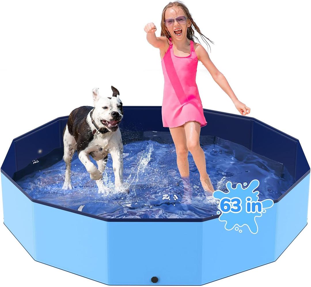 63'' Foldable Dog Pet Bath Pool, Heavy Duty Non-Slip Kiddie Pool, Plastic Pet Wading Pool for Puppy Small Medium Large Dogs, Indoor and Outdoor Kids Pet Dog Bathtub (XXL - 63*12 IN - 161 Gal)