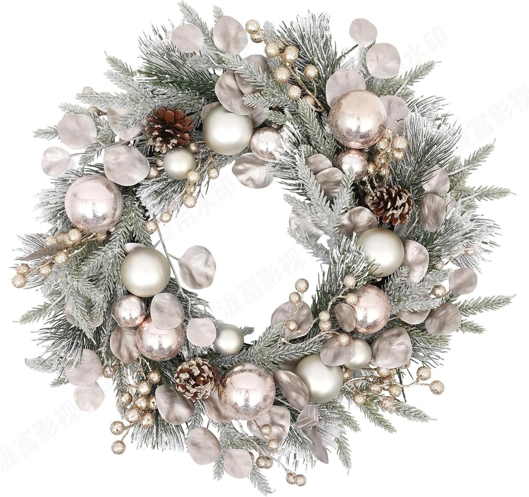 24 inch Christmas WreathSnow Flocked Pine Wreaths for Front Door with Silver Ball Artificial Holiday Wreath with Glitter Leaves for Home Indoor/Outdoor Porch Decor(Silver Ball)