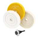 SCOTTCHEN 4" Buffing Polishing Wheel - 1/4" Handle, 1/2" Arbor Hole, Fine, Ultra Fine, Treated Yellow Cotton - 3 Pcs