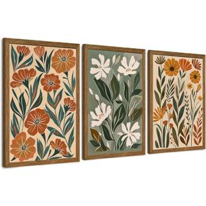 InspiredHues 3 Piece Abstract Boho Floral Canvas Wall Art, Green Beige Flower Market Wall Decor, Minimalist Colorful Botanica Artwork Prints for For Living Room Bedroom Office 12x16 Inch Wood Framed