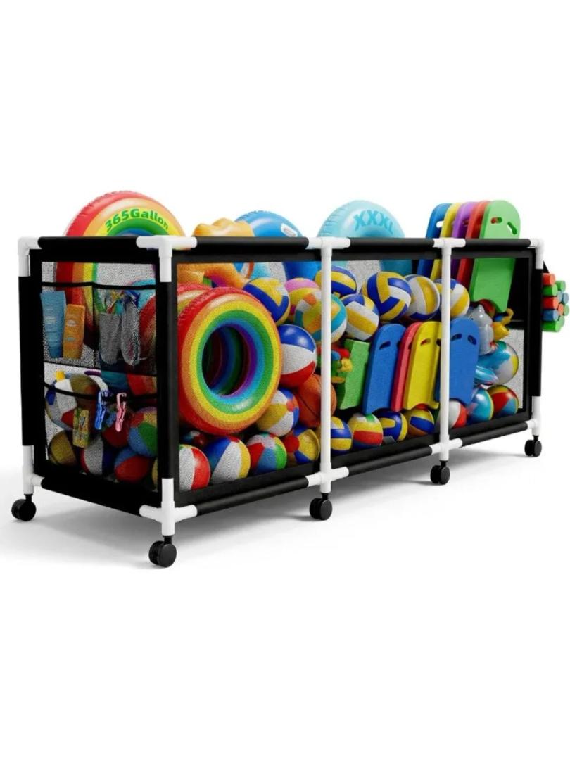 365 Gallon 103" Pool Storage Bin XXXL Extra Large Swimming Pool Float Storage Bin, Pool Noodles Holder, Toys, Floats and Balls Mesh Rolling Storage Organizer Bin, 103" Lx32 Wx35 H (Black)
