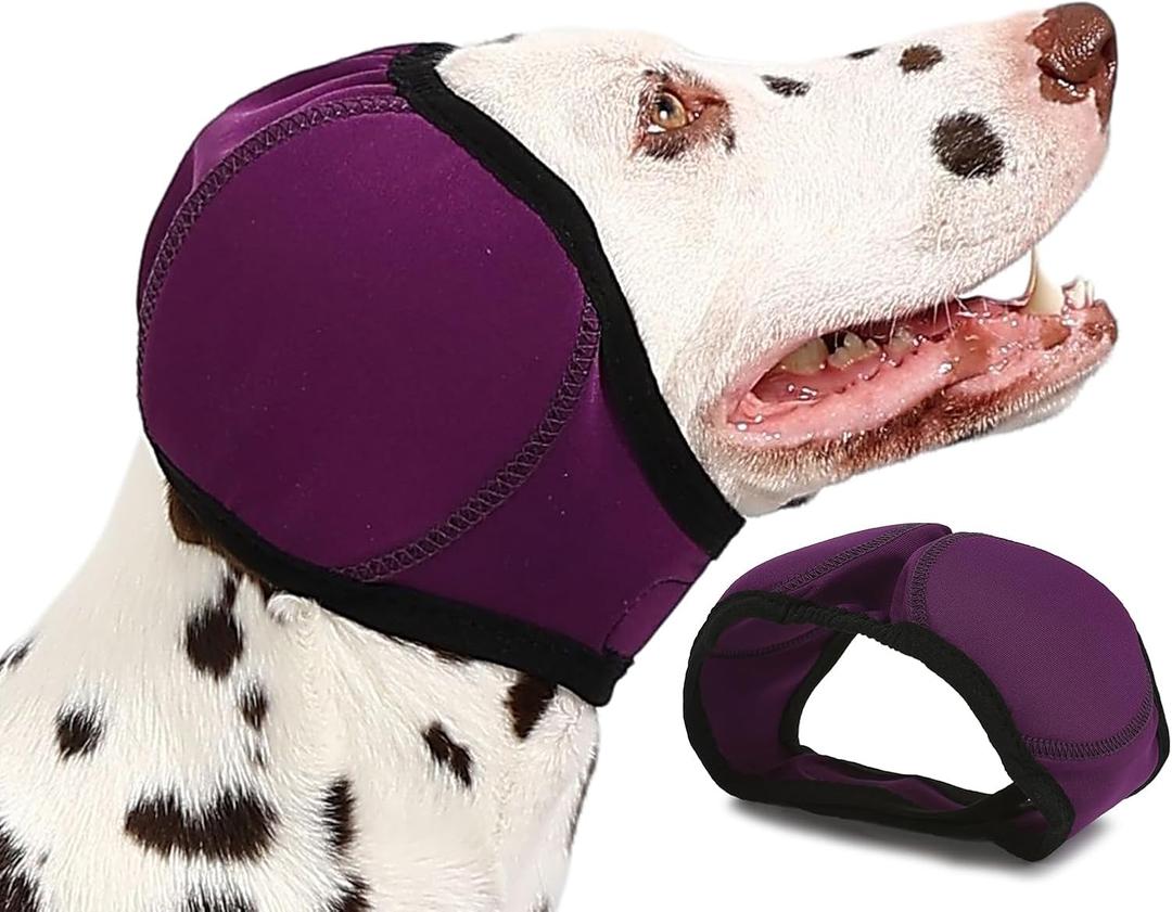Dog Ear Muffs Wrap for Hematoma, Bathing, Drying, Swimming & Noise Anxiety Relief- Elastic Waterproof Ear Protection with Calming Hoodie Design for Grooming, Large, Purple