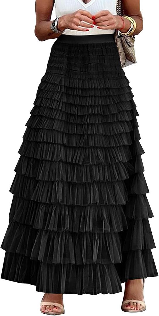 Flygo Women's Long Maxi Tulle Skirts A Line Ruffle High Waisted Tiered Layered Mesh Tutu Skirt Petticoat(Black-L)