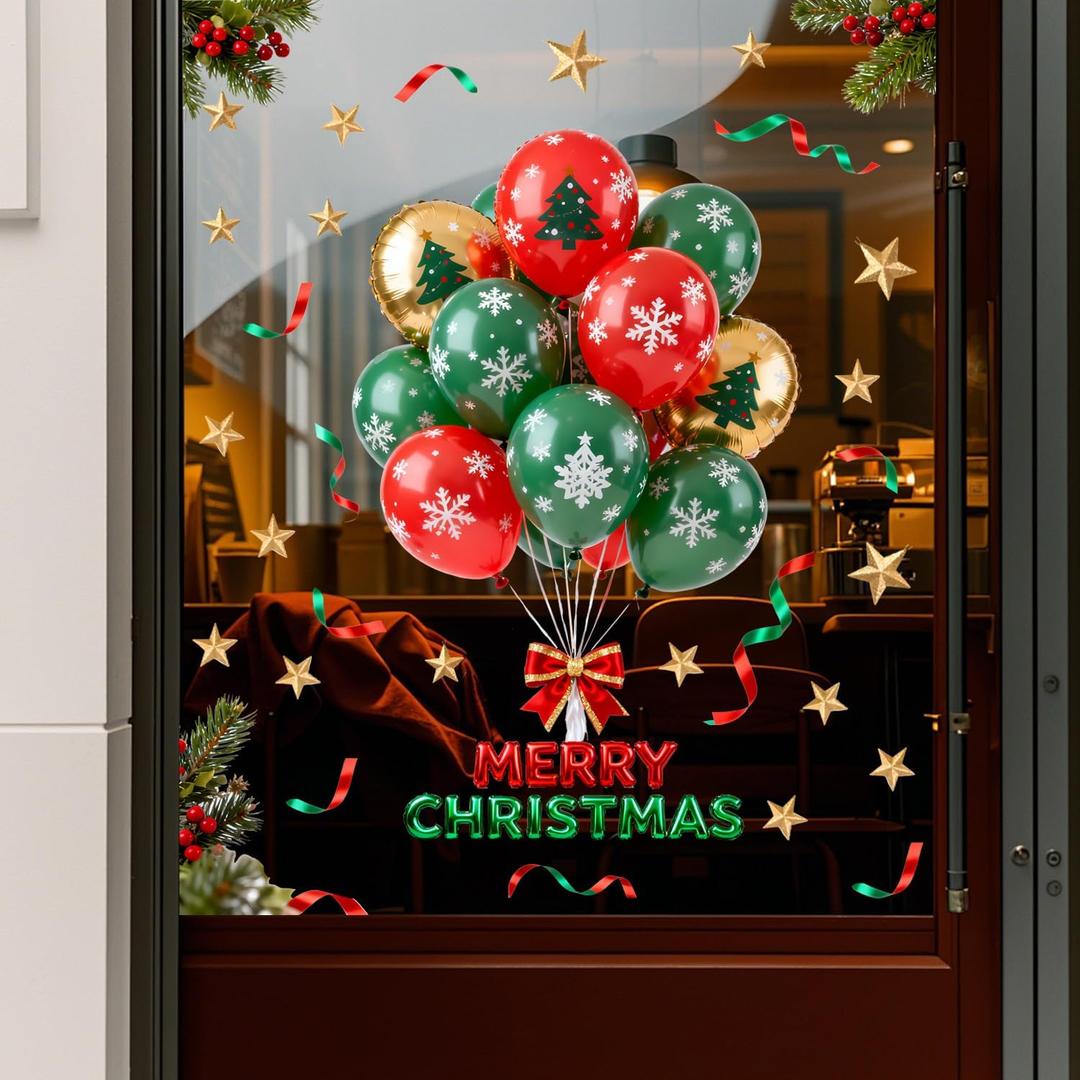 2 x Christmas Window Clings 1 Sheets Balloon Window Decals Cute Merry Christmas Windows Stickers for Winter Party with Holly Designs for Home Office Windows Glass Mirror Decor (Style24)