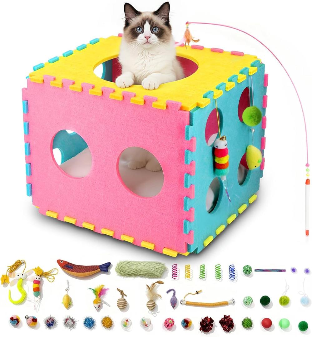 41 Pcs Interactive Cat Toys for Indoor Cats, Kitten Toys with Soft Pillow, Catnip Toys, Chew Rope, Feather Wand, Springs and Balls for Indoor Kittens