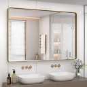48x36 Inch Gold Bathroom Mirror, Brushed Metal Framed Gold Wall Mirror, Modern Rounded Rectangle Brass Vanity Mirror, Shatterproof, Anti-Rust (Horizontal/Vertical)