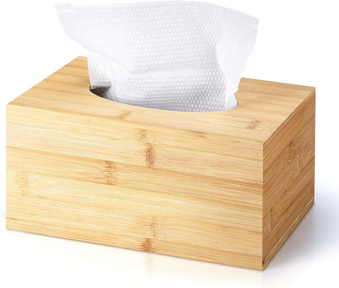 Rectangular Tissue Box Cover, Bamboo Tissue Box Cover Rectangle Tissue Box with Slide-Out Bottom Decorative Cube Facial Tissue for Bathroom Bedroom Dinner Table Office Tabletop