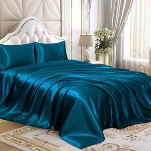 Homiest 4pcs Satin Sheets Set Luxury Silky Satin Bedding Set with Deep Pocket, 1 Fitted Sheet + 1 Flat Sheet + 2 Pillowcases (Queen Size, Dark Teal)