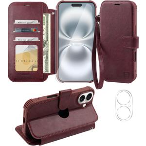 VANAVAGY Compatible for iPhone 16 Wallet Case, PU Leather Folio Flip Cover with RFID Blocking Card Holder Wrist Strap Kickstand for Wireless Charging, [Screen Protector & Camera Cover], Burgundy