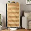 Crestlive Products Rattan Dresser Storage Tower, Tall Fabric Dresser, Chests of Drawers, Wood Top - Organizer Unit for Bedroom, Hallway, Entryway, Closets (Natural, 6 Drawers)