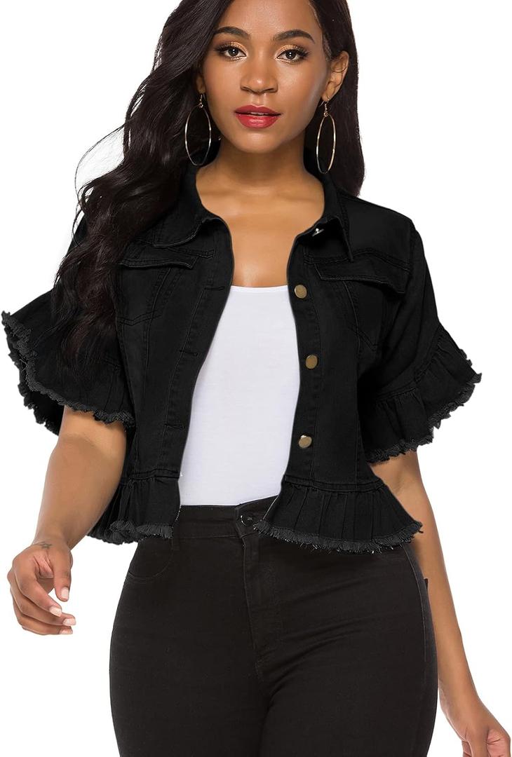 Suvimuga Women's Denim Jacket Button Down Distressed Ruffle Sleeve Crop Jean Jackets Coat (Medium, Black)